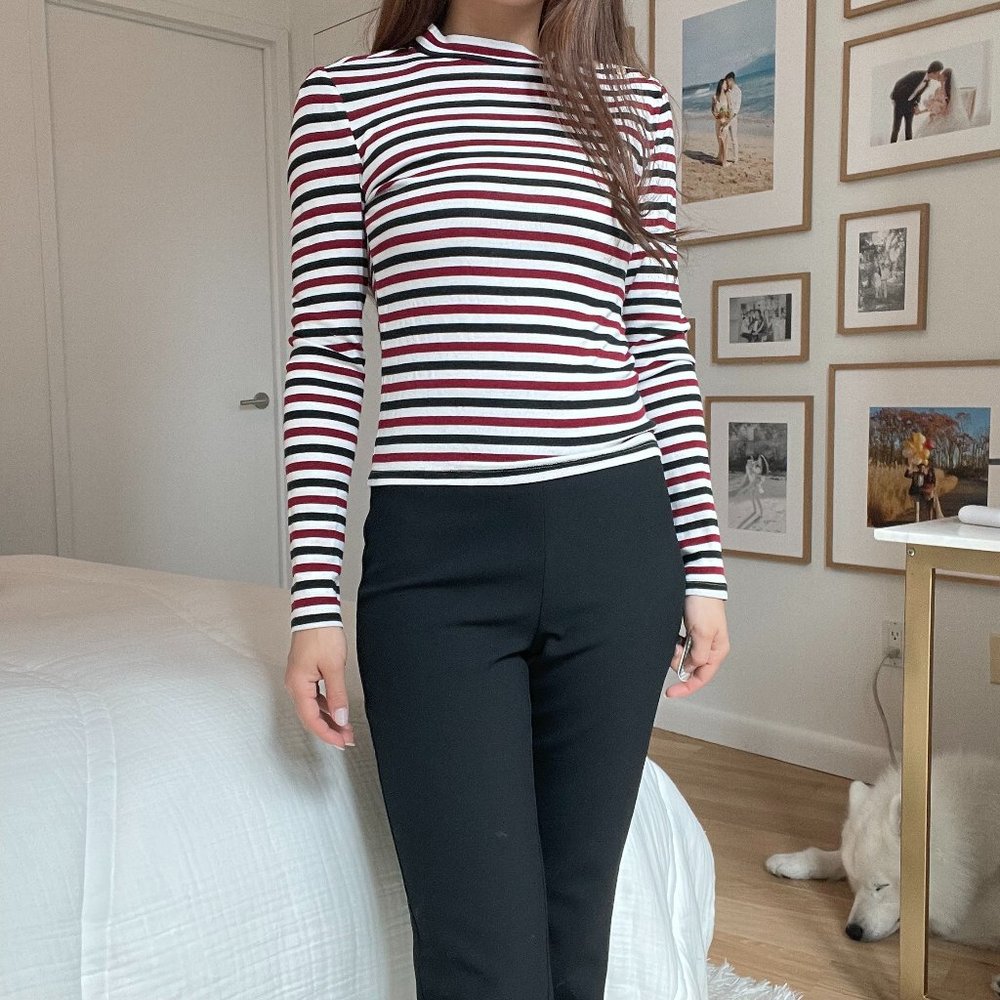 Zara Red Black White Striped Long Sleeve High Neck Gold Buttons Size XS